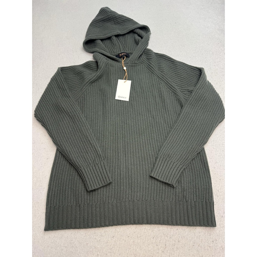 Quince Sweater Womens Medium Green 100% Cashmere Hooded Waffle Knit Pullover
